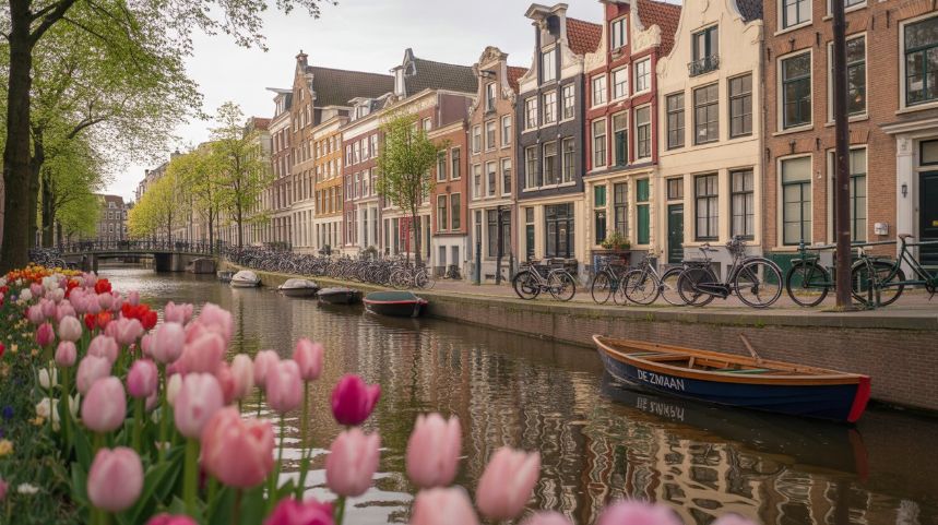 Amsterdam’s canals lined with tulips and bicycles — the Dutch capital blends historic charm with modern culture