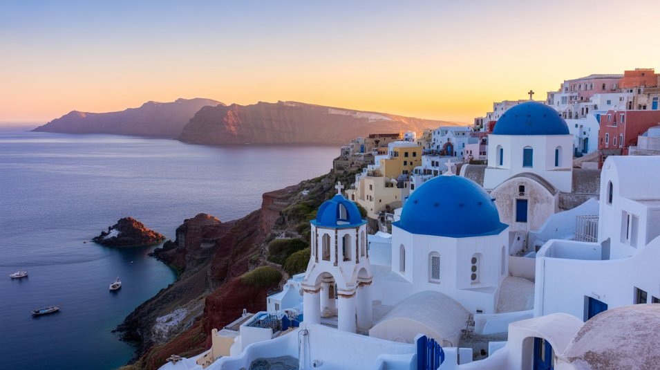 Whitewashed houses and blue-domed churches in Oia — Santorini offers breathtaking caldera views and world-famous sunsets.