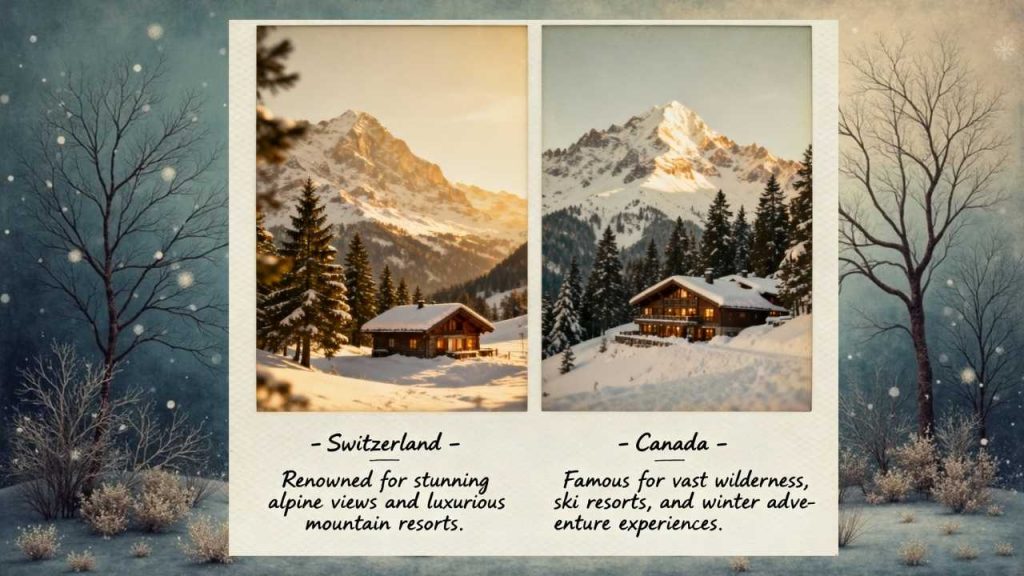 Switzerland – The Quintessential Alpine Escape,
Canada – From Rocky Mountains to Frozen Lakes,